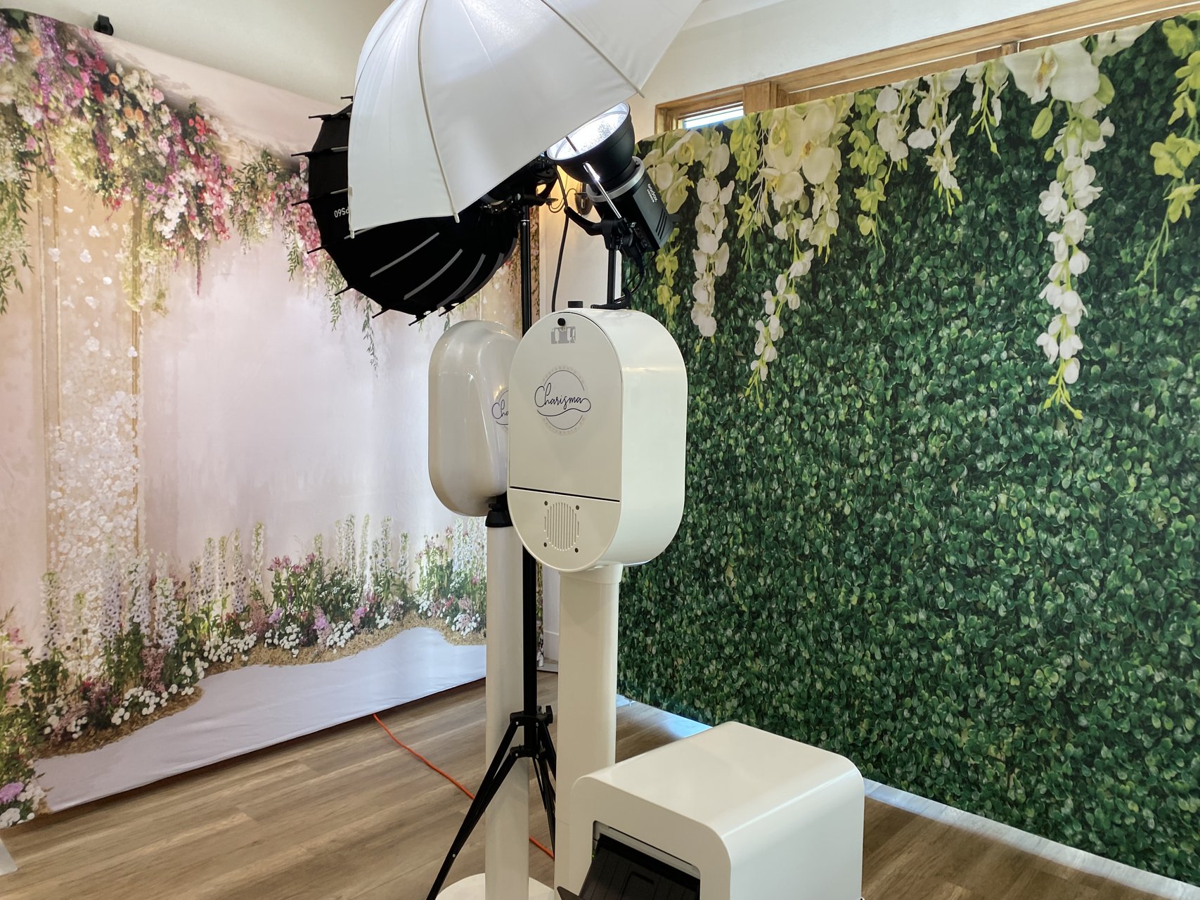 Our photo booth, backdrop and lighting set up before an event