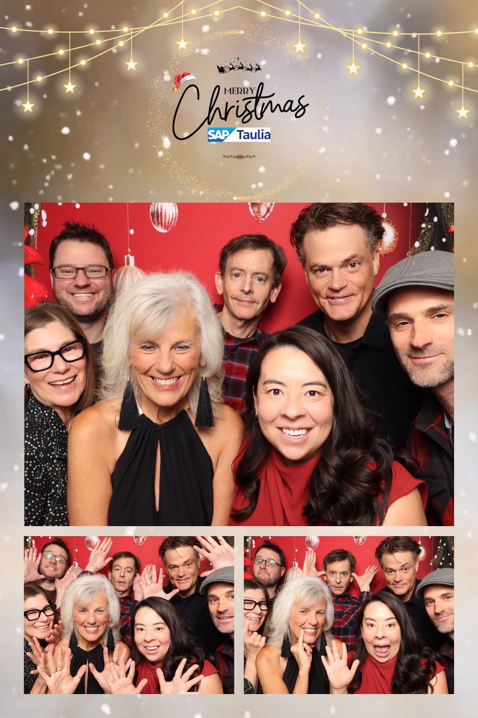 A holiday party photo print carrying a company logo and event wording